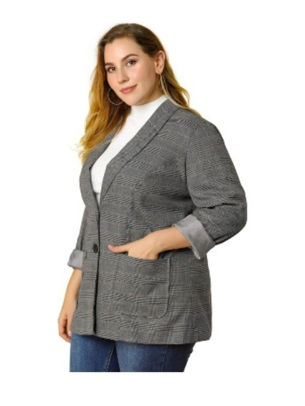 Agnes Orinda Women's Plus Plaid Lapel Jacket Work Single Breasted Blazers Grey